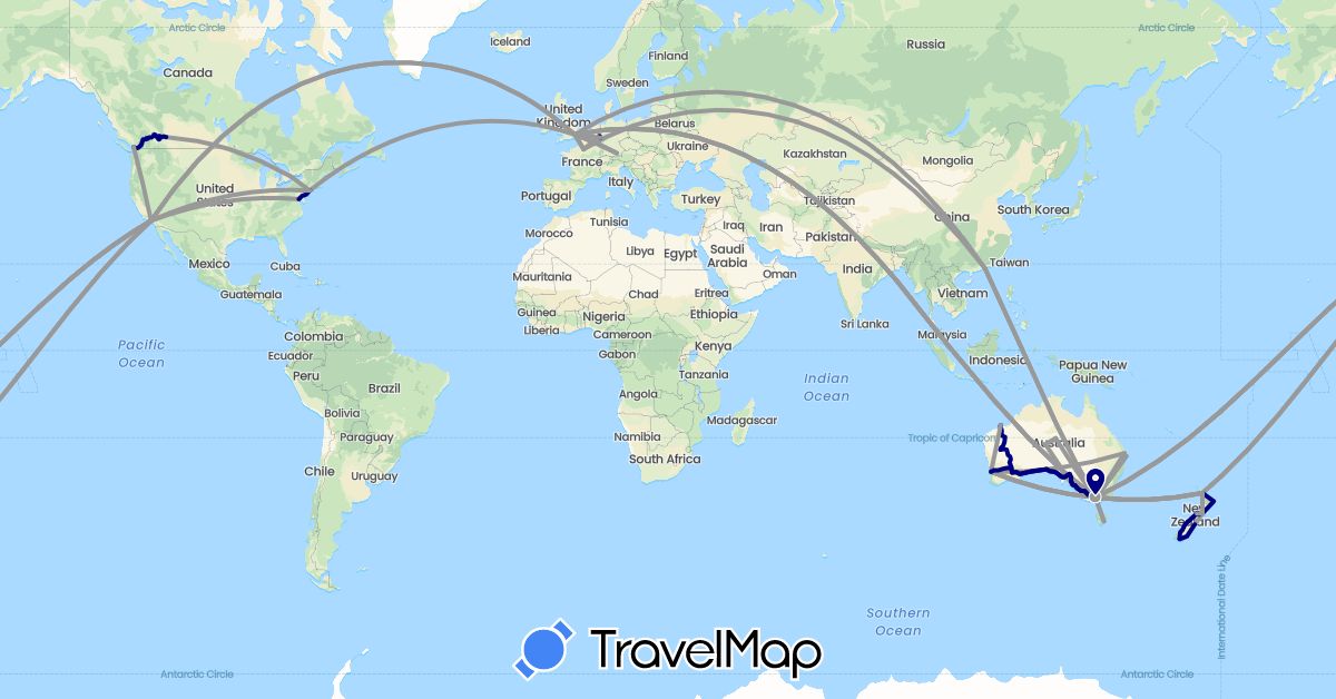 TravelMap itinerary: driving, plane in Australia, Canada, China, Germany, France, United Kingdom, New Zealand, Singapore, United States (Asia, Europe, North America, Oceania)